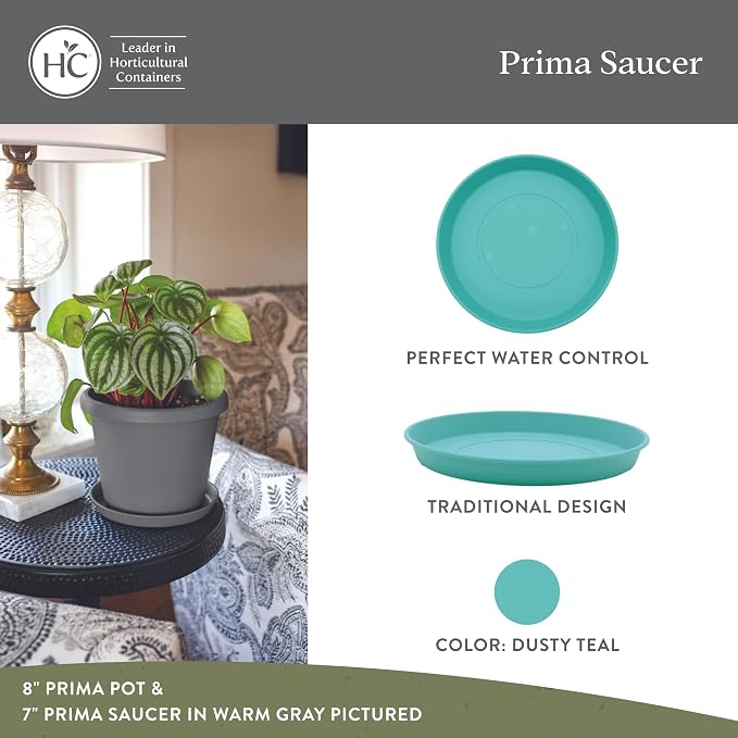 The HC Companies Round Prima Flower Pot Saucers - Plastic Plant Saucer for Outdoors & Indoors - Traditional Plant Pot Trays for Water Drainage -Durable Plant Tray (7-inch Dusty Teal, Pack of 1)