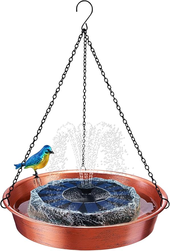 Hanging Bird Bath with Solar Fountain & Water Pump, 11.5” Antique Copper Finish Metal Birdbath Bowl, Rock Design & Solar Panel – Outdoor Garden Decor Yard Art