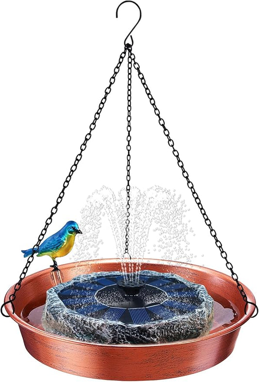 Hanging Bird Bath with Solar Fountain & Water Pump, 11.5” Antique Copper Finish Metal Birdbath Bowl, Rock Design & Solar Panel – Outdoor Garden Decor Yard Art