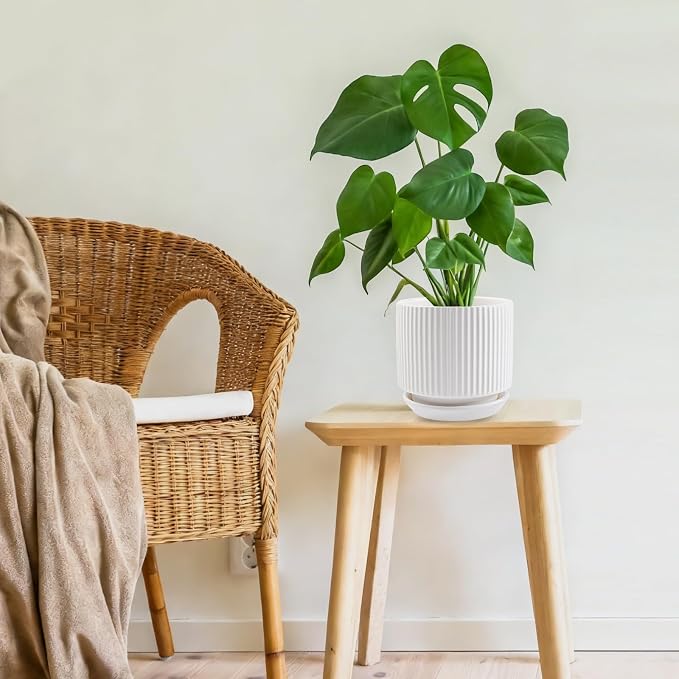 Ceramic-5.1-inch-Flower-Pots-with-Saucer, Small Planters for Indoor Plants with Drainage Hole, White Textured Vertical Stripe Plant Pots for Home Decor, Garden Pot For Succulent Cactus Mint Basil Herb