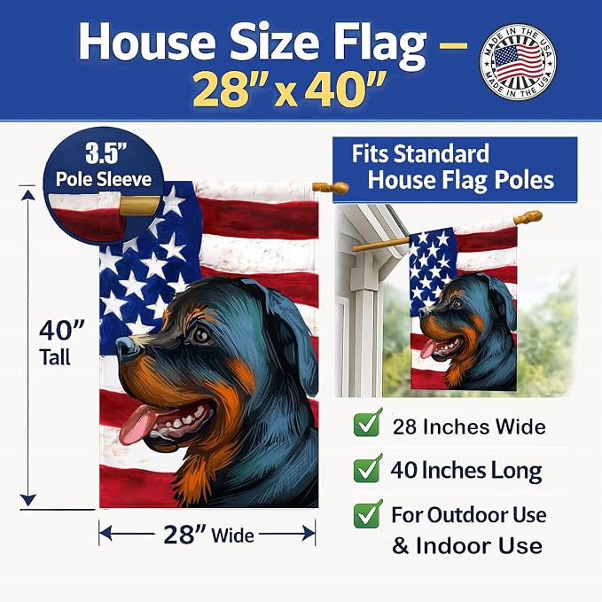 Caroline's Treasures CK6677CHF Rottweiler Dog American Flag House Flag Large Porch Sleeve Pole Decorative Outside Yard Banner Artwork Wall Hanging, Polyester, House Size, Multicolor