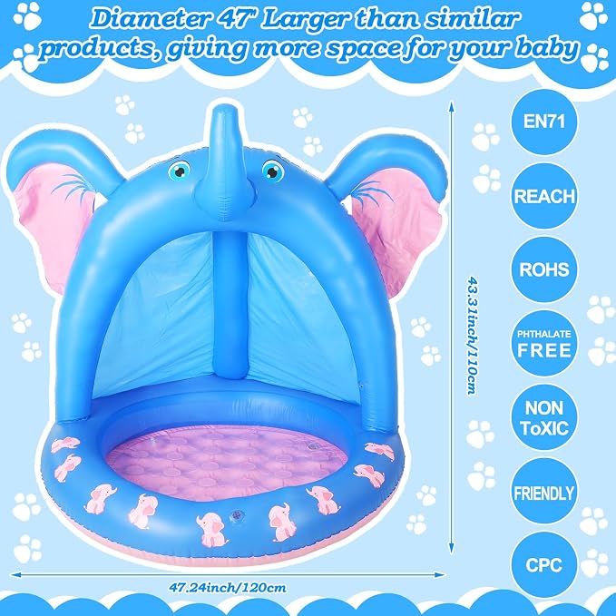 47 Inches Baby Pool with Canopy Elephant Inflatable Baby Swimming Pool with Soft Floor Bottom and Built in Sunshade Water Sprinkler for Kids Outdoor Indoor Game Play Center