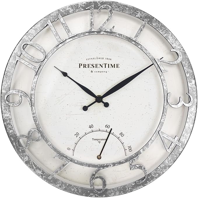 Presentime & Co 13" Farmhouse Outdoor Wall Clock w/Outdoor Thermometer, Farmhouse Style, Raised 3D Arabic Numerals, Faux Galvanized Finish (Wall Clock for Patio, Cottage, Poolside, Garden Spaces)