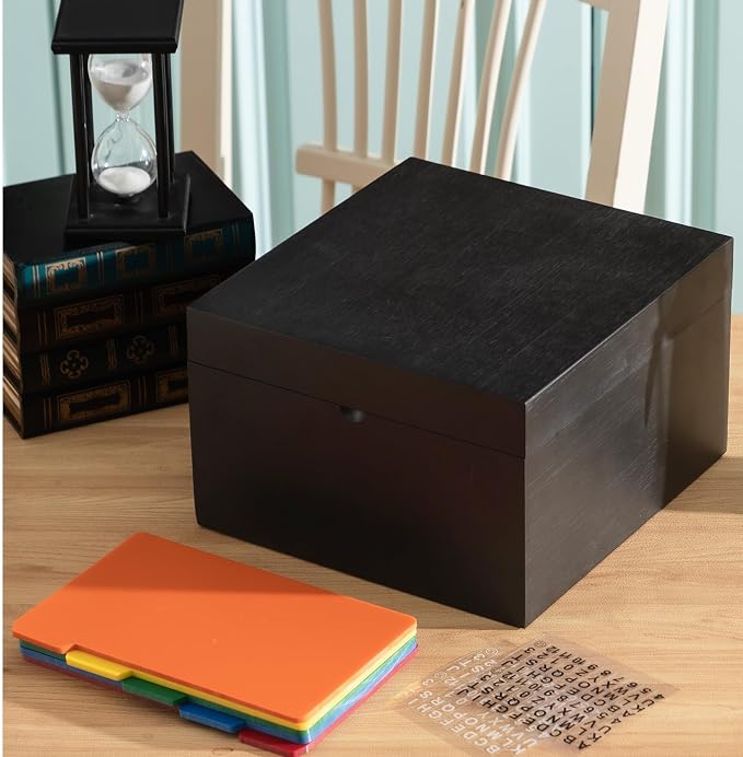 Henoyso 5 x 8 Inch Index Card Holder Set, Bamboo Organizer Box with 50 Dividers & 2 Sheets Alphabet Number Stickers File Note Holders, Holds 1200 Cards for Office Business Home Kitchen, Black