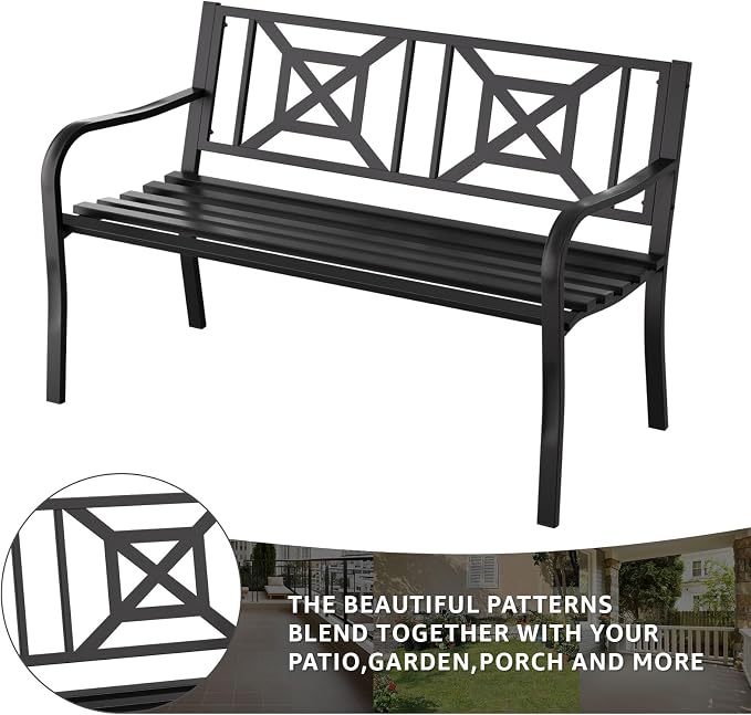 Outdoor Bench Garden Bench Patio Bench,Weatherproof Anti-Rust Metal Powder Coated Frame Park Bench,Metal Bench for Yard & Porch & Park (Geometric)