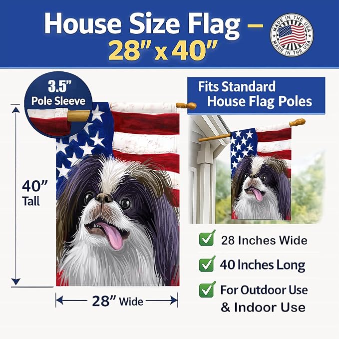 Caroline's Treasures CK6580CHF Japanese Chin American Flag House Flag Large Porch Sleeve Pole Decorative Outside Yard Banner Artwork Wall Hanging, Polyester, House Size, Multicolor