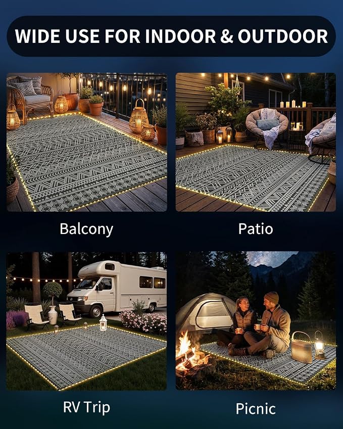 MontVoo-Outdoor Rug Carpet 6x9 ft for Patio RV Camping with Led Strip Lights Waterproof Plastic Straw Rug Reversible Portable Outside Indoor Outdoor Rug Mat for Patio Decor Balcony Picnic-Boho