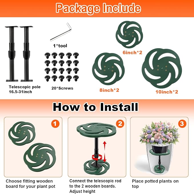 Axcoix 2 Pack Adjustable Height Plant Risers for Inside Pots, 17.5-32" Plastic Planter Inserts for Large Pots, Pot Fillers for Tall Square Round Taper Planters (6" 8" 10" Base or Top)