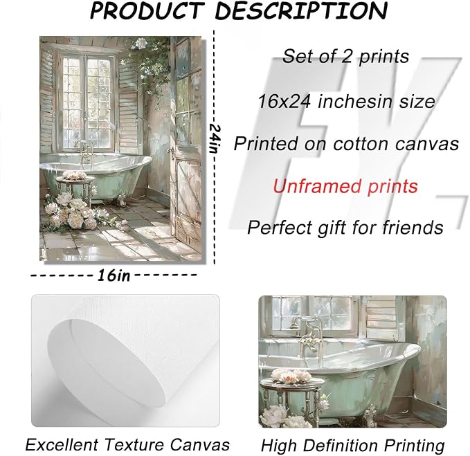 Vintage Farmhouse Theme Bathroom Canvas Wall Art Bathtub With Flowers Poster Print Painting Rustic Farmhouse Window Wall Decor Sunlit Floral Bathroom Pictures Artwork for Toilet Restroom Decoration