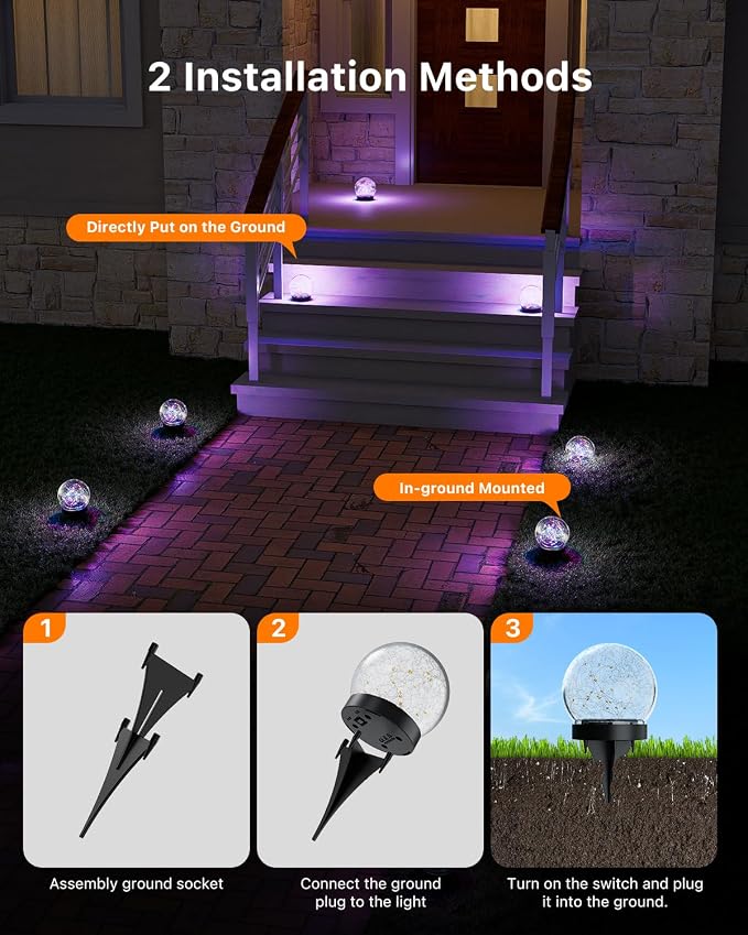 4 Pack 4.72" Multicolor Solar Power Cracked Glass Orb Light Outdoor | Outside Waterproof RGB Ambiance Ball Lamp for Garden, Patio, Table, Walkway, Stair, Lawn, Landscape Decor with Durable Stakes