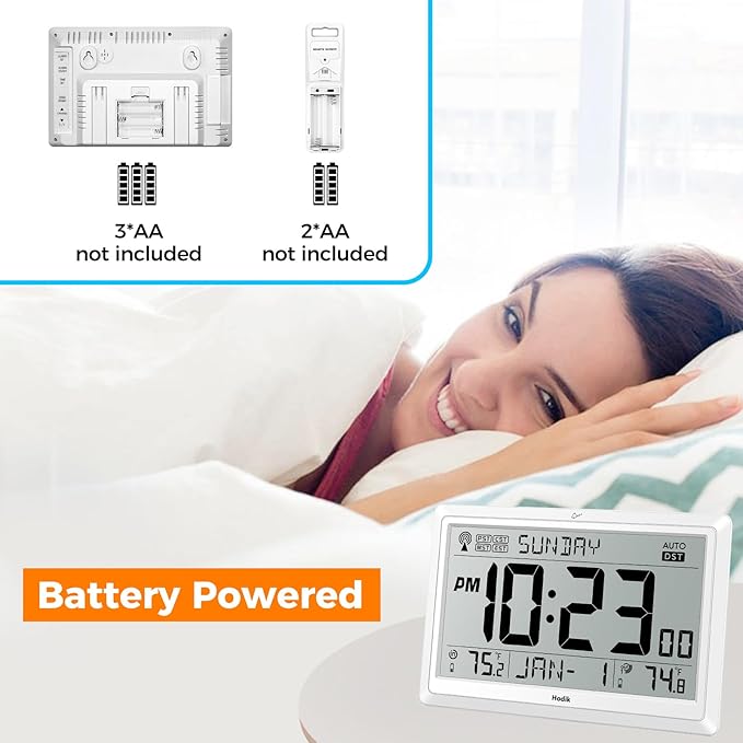 HODIK Wall Clock Atomic with Indoor Outdoor Temperature Battery Powered, Easy Reading with 10.5 Inch LCD Display, 330FT Range Table Wall Clock with DST, 12/24 Hour for Living Room Kicthen (White)