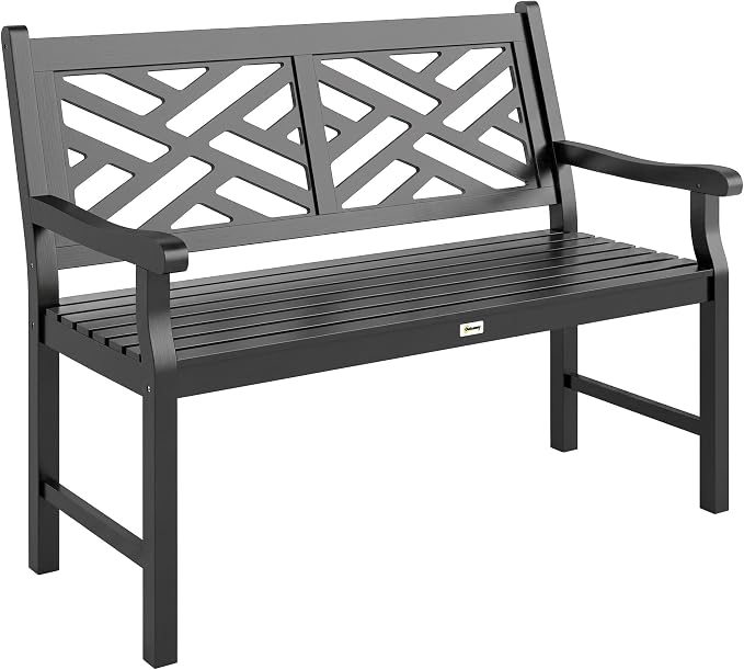 Outsunny Outdoor Garden Bench, Wooden Frame Patio Bench with Geometric Pattern, 43.25 Inch Weatherproof 2-Person Love Seat for Garden, Lawn, Porch, Yard, Work Entryway, Black