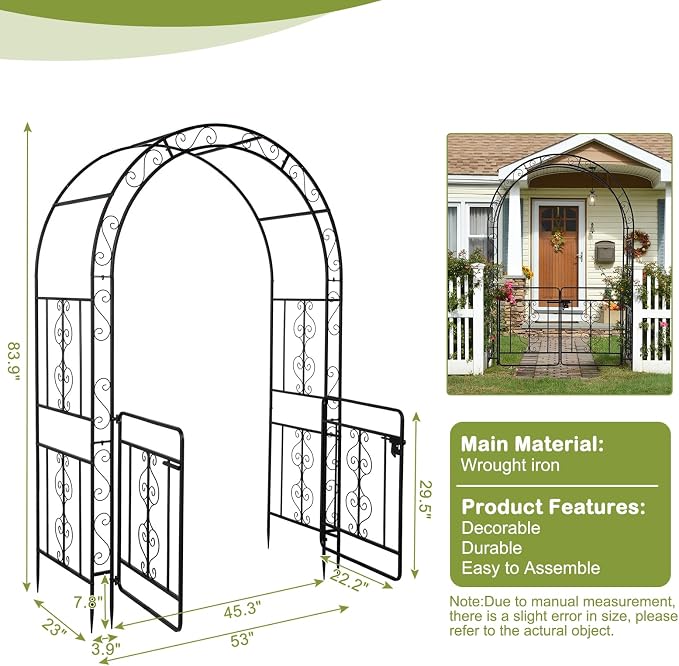 Garden Arch Trellis with Gate, Heavy-Duty Steel Frame Support Arbour Archway for Climbing Plant, Rose Vines, Vegetables, Outdoor Decoration for Lawn Backyard Party Wedding, Arc Top