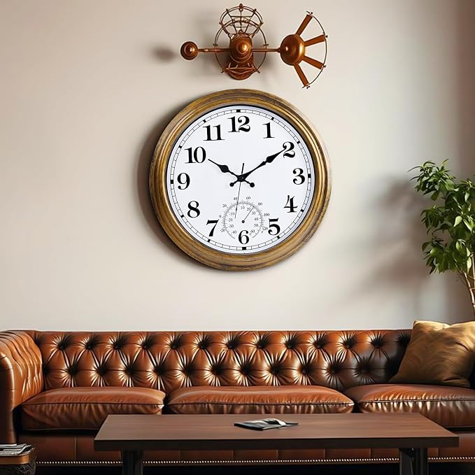16 Inch Large Outdoor Clock Retro Waterproof Clock Non-Ticking Indoor/Outdoor Wall Clock with Thermometer, Battery Operated for Pool, Patio, Garden, Bronze