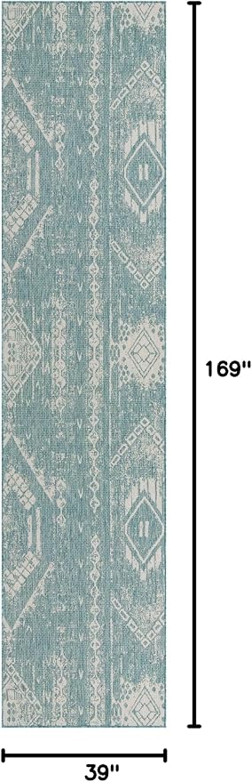 Unique Loom Outdoor Bohemian Collection Area Rug - Anthro (3' 3" x 14' 1" Runner, Light Aqua/ Ivory)