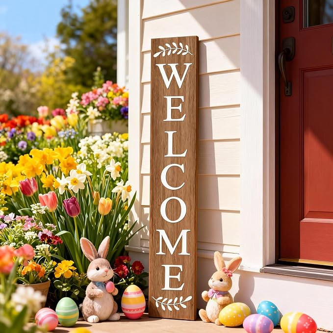 Farmhouse Wooden Welcome Sign Stand for Front Door, 47" Large Welcome Sign for Front Porch, Rustic Vertical Tall Porch Leaner Decor for Outdoor Patio Garden