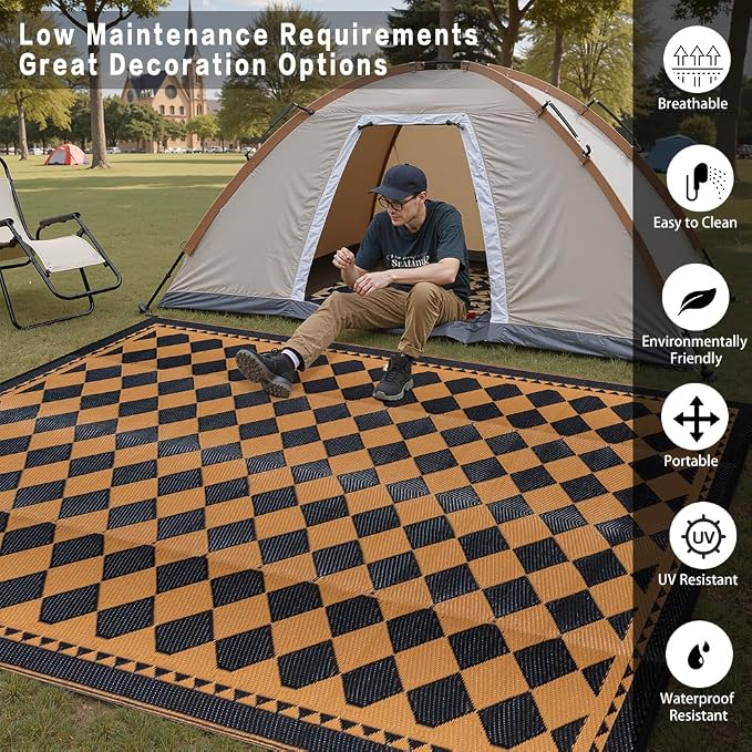 HUGEAR Outdoor Waterproof Rug 6'x9' Plastic Straw Rugs Washable Reversible Floor Mat Brown Plaid Carpet for Camping RV Deck Entryance Porch Picnic Balcony Beach Backyard