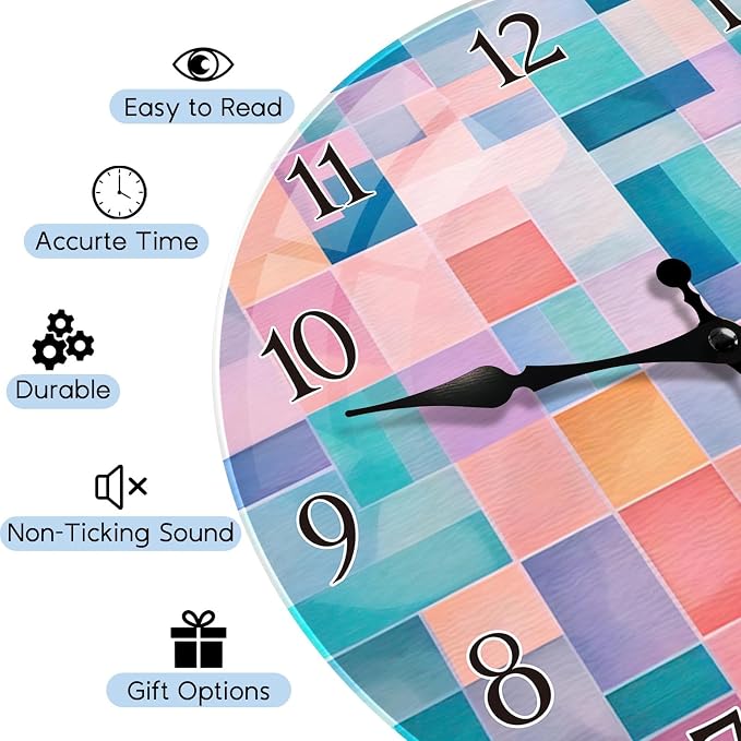 Britimes Round Wall Clock Silent Non-Ticking Battery Operated Outdoor Waterproof Glass Clock 12 Inch, Abstract Geometry Home Decor for Living Room, Kitchen, Bathroom, Bedroom, and Office