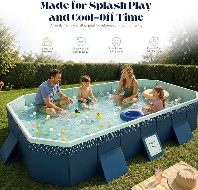 112.59-Inch Foldable Swimming Pool, Blue Non-Inflatable Rectangular Pool for 6-8 People, 4-Layer Composite PVC, Aluminum Alloy Frame, Dual Drains for Backyard Fun