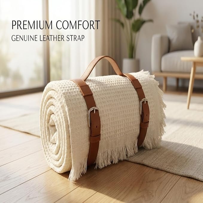 White Picnic Blanket, Extra Large Soft Cotton Gauze Picnic Rug 71"x71", Lightweight Breathable Blanket with Leather Handle, Machine Washable for Beach, Camping, Park, Couples (Cream)