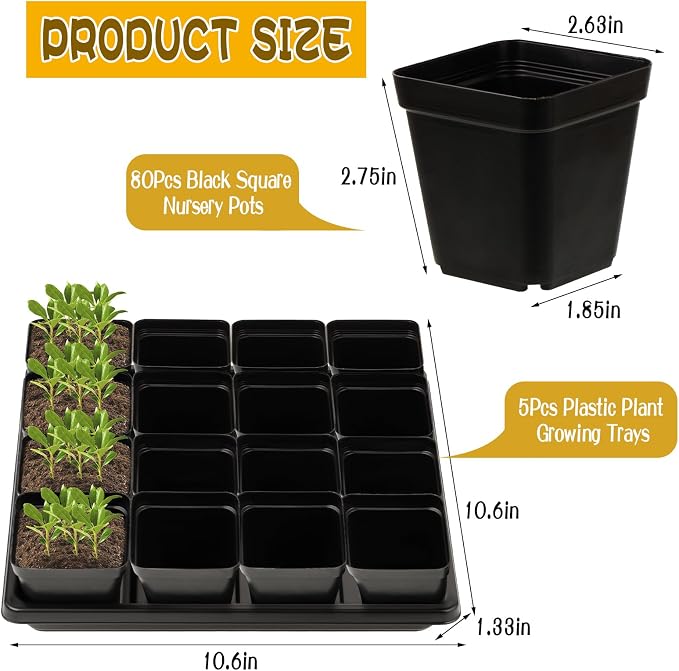 CIEOVO 2.4 inch 80 Pcs Square Nursery Pots with Drain Holes and 5 Pcs Plastic Plant Growing Trays, Seed Starter Kit Propagation Tray Seed Starting Pots for Seedling Plant Growing