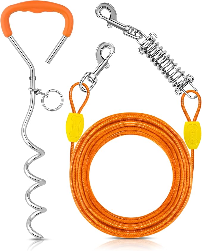 Petbobi Dog Tie-Out Cable and Stake - 30ft Heavy Duty Cable with Spring, No Tangle, 16in Ground Stake, Ideal for Outdoor Yard, Camping, Suitable for Small Medium Large Dogs Up to 120 lbs, Orange