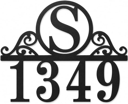 Personalized Metal Address Sign Custom House Number Plaque with Monogram Initial Decorative Scroll Numbers for Outside Front Door Porch Entryway Garden Patio Yard Decor
