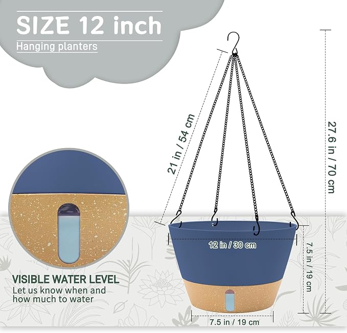 ZMTECH 12 Inch Hanging Planters for Indoor, 2 Pack Large Plant Pot with Visible Water Level and Chain, Self Watering Hanging Flower Pot for Outdoor Garden Porch(Blue)