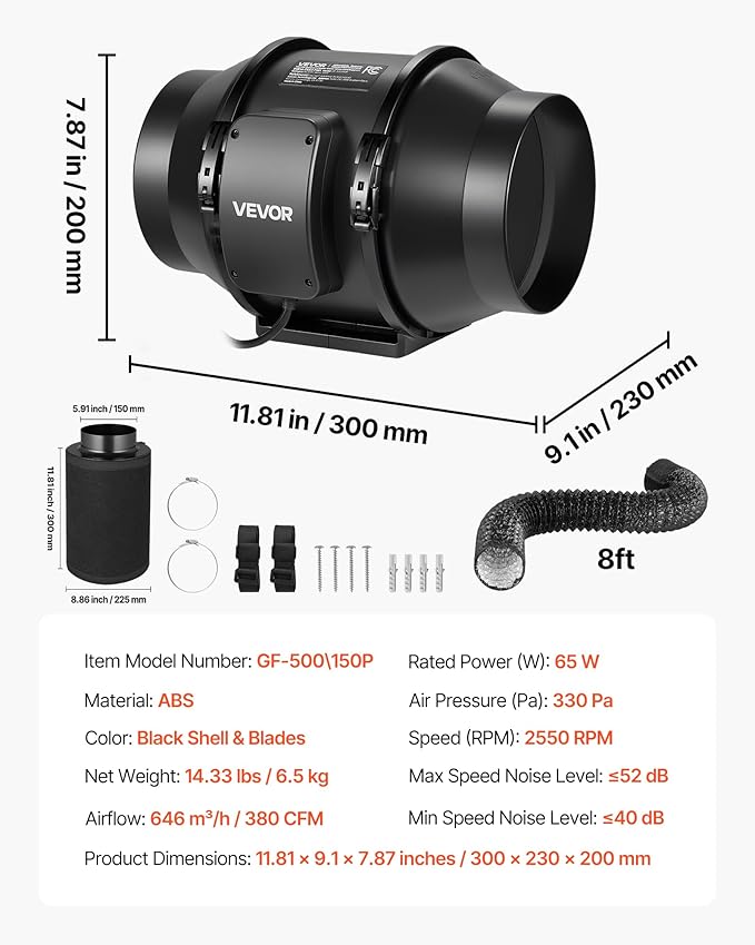 VEVOR 6" Air Filtration Kit, 180 CFM Inline Duct Fan with Speed Controller, Carbon Filter & Ducting Ventilation System for Heating Cooling Booster, Grow Tents, Hydroponics