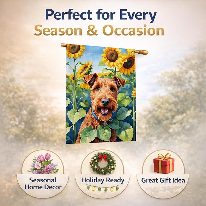 Caroline's Treasures DAC6099CHF Irish Terrier in Sunflowers House Flag Large Porch Sleeve Pole Decorative Outside Yard Banner Artwork Wall Hanging, Polyester, House Size, Multicolor