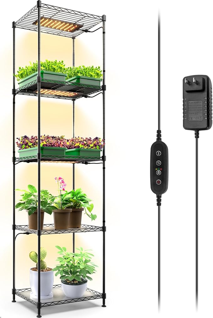 CX83 Plant Shelf with Grow Light, 5-Tier, Plant Stand with 10W Ultra-Thin Grow Light Panels for Hydroponics, Seedlings, Succulents, Flowers, Veg, 3/6/12h Timer, 15.7" L x 11.8" W x 59.1" H