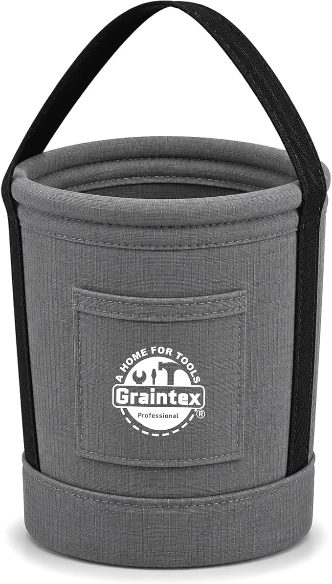 Graintex Tapered Canvas Bucket 12"x10"x15", Utility Tool Bucket One Inside Pocket, Reinforced Base & Carry Handle, Ripstop Canvas (Steel Grey)