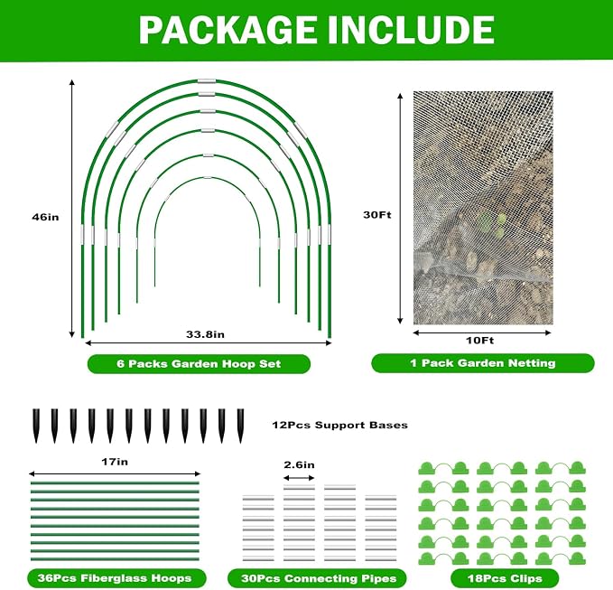 Garden Mesh Netting Kit, 10x30FT White Ultra Fine Netting & 8FT Fiberglass Garden Hoops with Support Bases, Garden Netting with Frame for Raised Beds, Garden Hoops & Netting, Row Cover, Plant Barrier