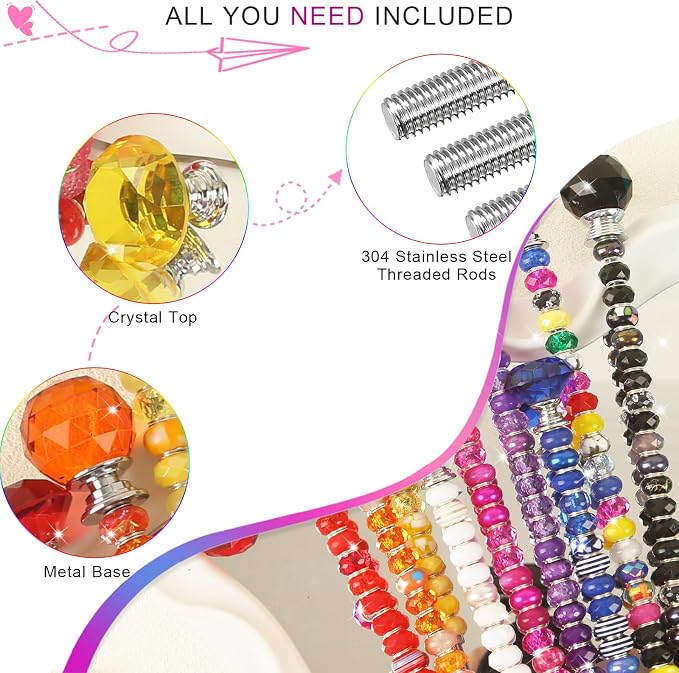300 Pcs Garden Stakes Diy Fairy Wand Garden Stakes Kit, Colorful Large Hole Bead Crystal Diamond Stopper Top 12 Stainless Steel Threaded Rod Beaded Fairy Wands Supplies For Outdoor Beadable Decorative
