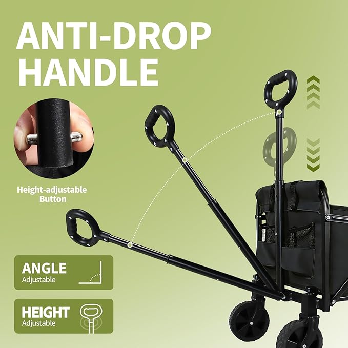 Foldable Wagon Cart, Collapsible Utility Wagon with All Terrain Wheels, Portable Folding Cart for Camping Garden Shopping Grocery Sports(Green, Medium Without Tailgate)