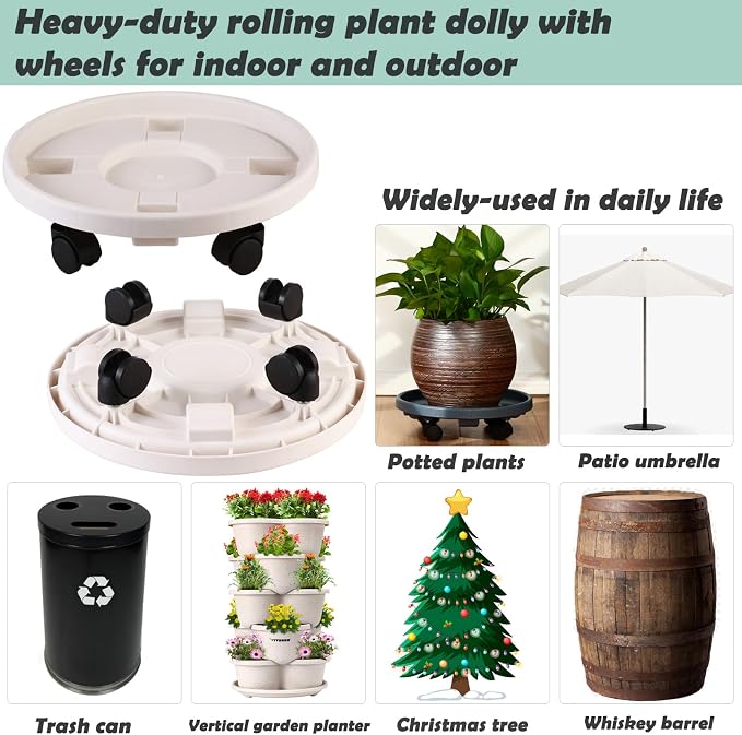 5 Pakcs Large Plant Caddy with Wheels 15.8" Rolling Plant Stands Heavy-duty Plastic Plant Roller Base Pot Movers Plant Saucer on Wheels Indoor Outdoor Plant Dolly with Caster Tray Coaster White