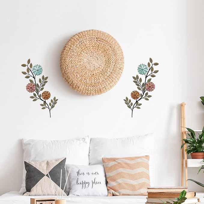 MorningRo 2 Pcs Metal Flower Leaves Wall Art Spring Wall Decor Living Room, 15.75 Inch Vintage Rustic Branch Leaf Wrought Iron Scroll Art Decor for Summer Bedroom Indoor Outdoor Decorations(Colorful)