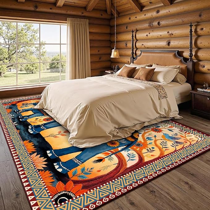 Boho Elephant Family Area Rug, 5x7ft Vintage Floral Mandala Tribal Pattern TPE Backing Non-Slip Washable Carpet, Bohemian Ethnic Floor Mat for Living Room Bedroom Entryway Farmhouse Home Decor