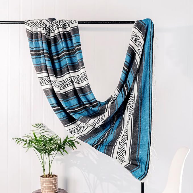 Airooglee 69" L x 51" W Large Mexican Blanket - Perfect for Yoga, Outdoor, Beach, Serape, Picnic, Camping - Woven Boho Home Decor - Blue