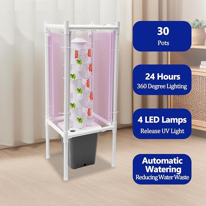 Hydroponic Tower Growing System Kits with LED Grow Lights 30 Pods Indoor Vertical Planter Germination Kit 6 Layers Hydroponic Tower for Fruits, Vegetables, Herbs, and Miniature Greens (Gray)