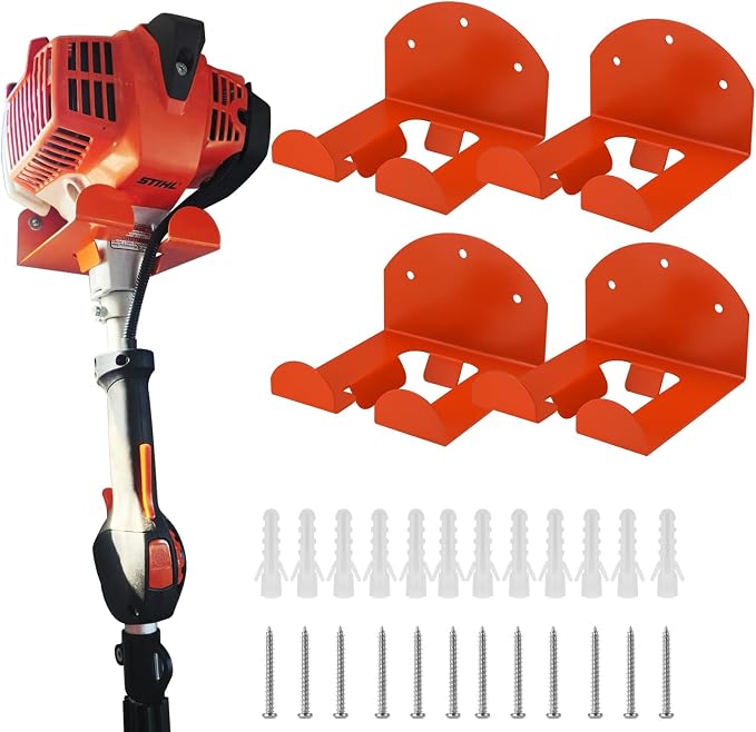 Wall Mount Trimmer Rack 4-Pack, Heavy Duty Weed Eater Hanger for Garage Wall, Garden Power Tool Holder Organizer Hooks for Grass Trimmer, Hedge Trimmer (Orange)