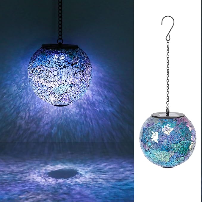 Solar Hanging Lantern Solar Outdoor Lanterns Mosaic Gazing Ball Outdoor Hanging Lights Outdoor Lights Waterproof Garden Patio Pathway & Yard Décor Blue