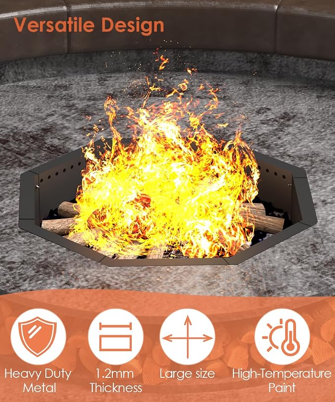 Mocomax Smokeless Fire Pit Ring 35-Inch Outer 31-Inch Inner Diameter, Large Solid Steel Firepit Liner for Outside Wood Burning, DIY Campfire Ring Above or In-Ground for Outdoor, Octagonal