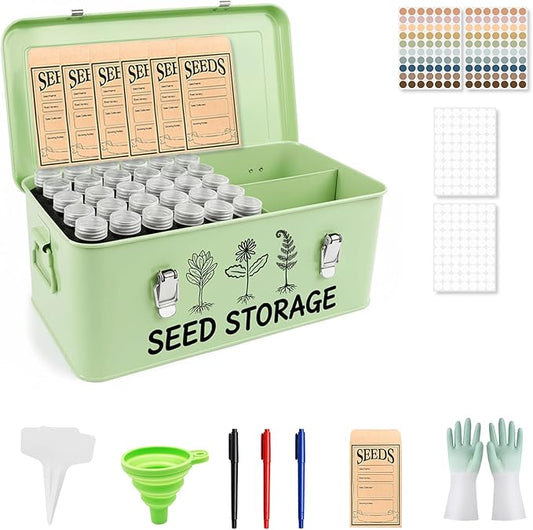 Metal Seed Storage Box Organizer with 3 Compartments, Safety Lock Lid Bin Seed Bottles Envelopes, Plant Labels, Foldable Funnel Gloves,Portable All-in-One Seed Saving Tin for Gardeners Beginners