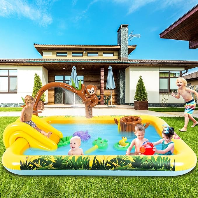 Animal Kids Pool with Slide and Sprinkler, Inflatable Play Center with Toy | Toddler Pool with Water Slide,Blow Up Kiddie Pool for Garden & Backyard,85" x 66" x 33.5"