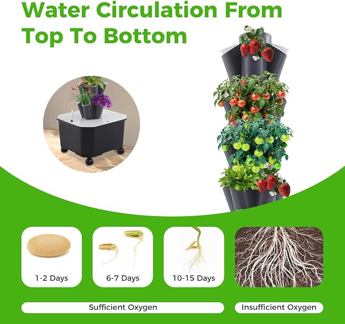 Hydroponic Grow Tower 12 Tiers 60 Holes, 6.6Gal Indoor Vertical Garden System with Water Pump, Automatic Water Circulation - Garden Hydroponic Growing Kit for Leafy Vegetables, Herbs, Strawberries