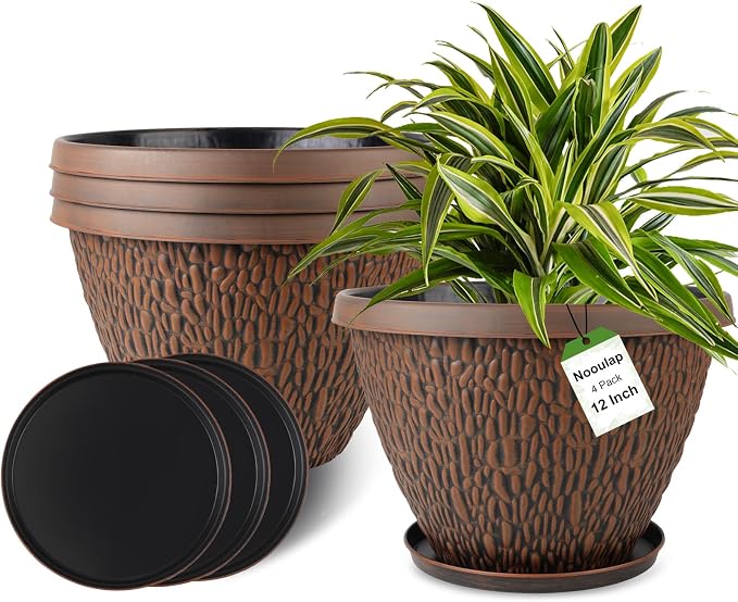 Nooulap 4 Pack 12 Inch Pots for Plants, Plastic Outdoor Flower Pots with Drainage Hole & Tray, Large Planters for Garden Porch Home Indoor Outdoor Decor - Pebbles Pattern Design Plant Pots
