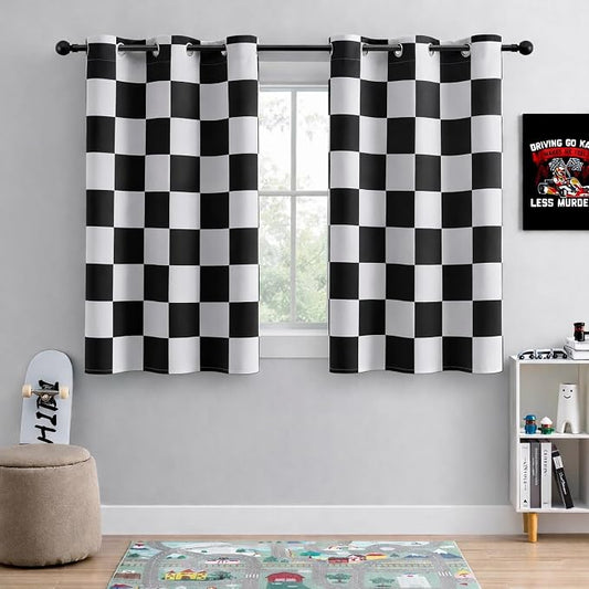 100% Blackout Curtains – Black and White Checkered Race Flag Pattern, 2 Panels, Each W42×L54, Thermal Insulated, Nosie Reducing for Bedroom, Living Room, Race car Drapes