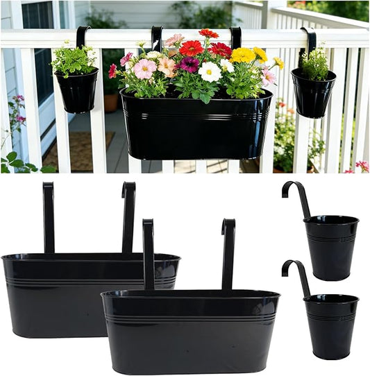 Set of 4 Outdoor Metal Railing Planters Box - 2 Pcs 5.12" Round Balcony Hanging Planter & 2 Pcs 17" Oval Fence Pot with Detachable Hooks Drainage, Black