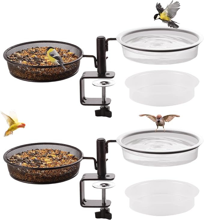 2 Pack Deck Bird Feeders Deck Mount Bird Bath Spa for Dual Use Deck Flower Stand Flower Pot Great for Attracting Birds Detachable and Adjustable Heavy Duty Sturdy Steel,Bronze